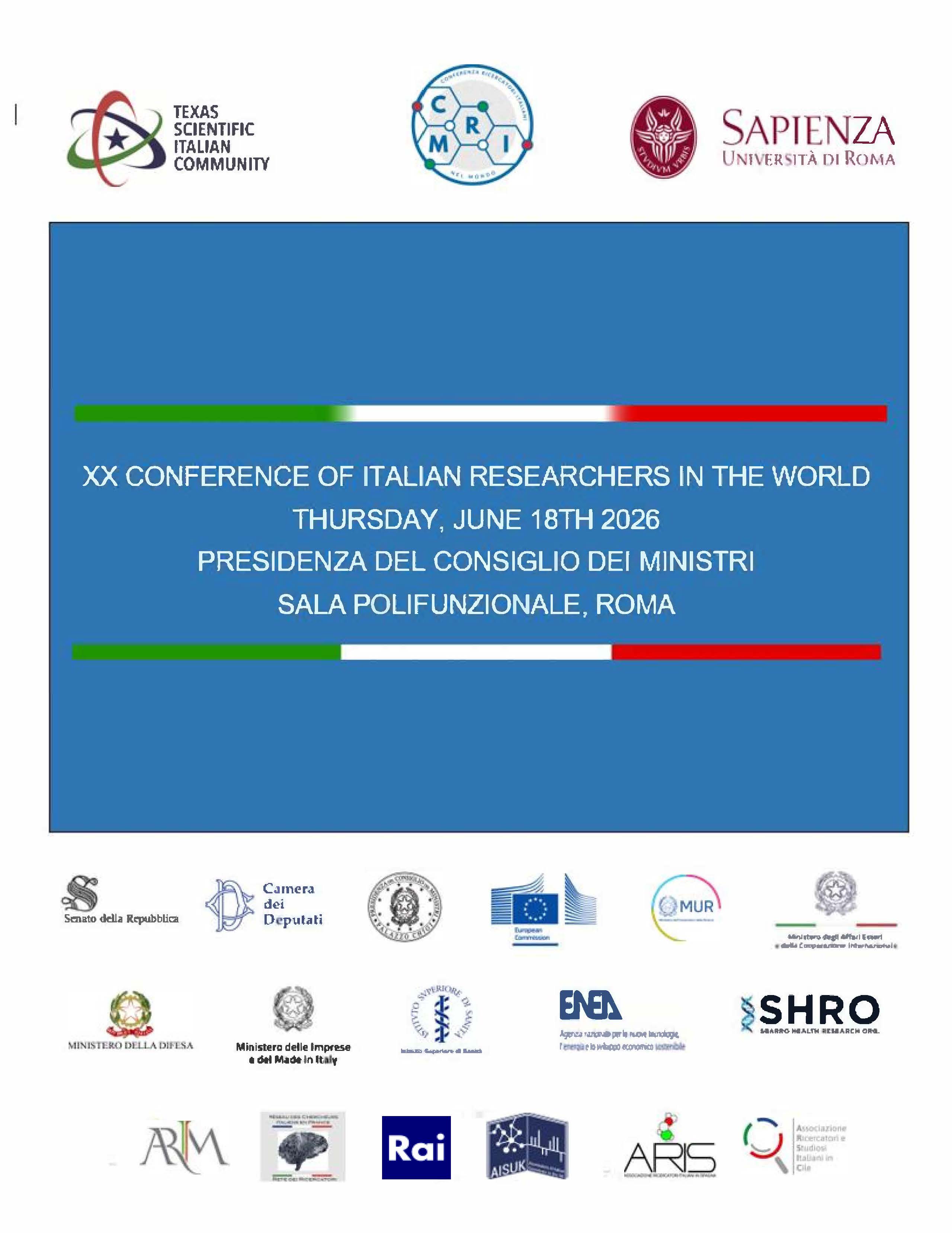 XX Conference of Italian Researchers in the World · Affiche officielle · Rome, 18 juin 2026.