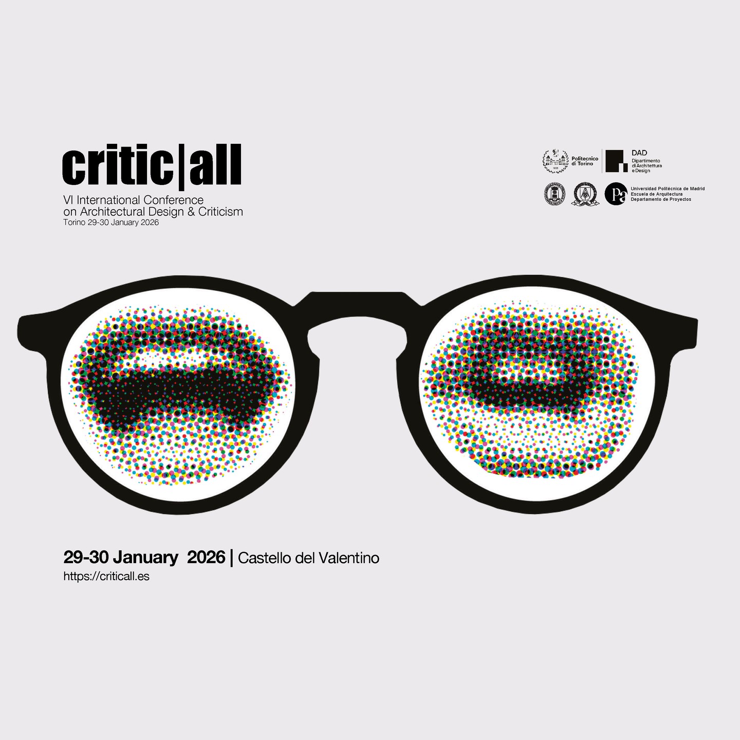 Affiche de critic|all VI, avec des lunettes noires sur fond gris clair, Turin, 29–30 janvier 2026.